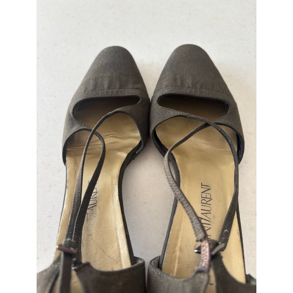 Vintage Yves Saint Laurent YSL Italy Canvas Peep Toe Slingback Heels Brown - Picture 8 of 9